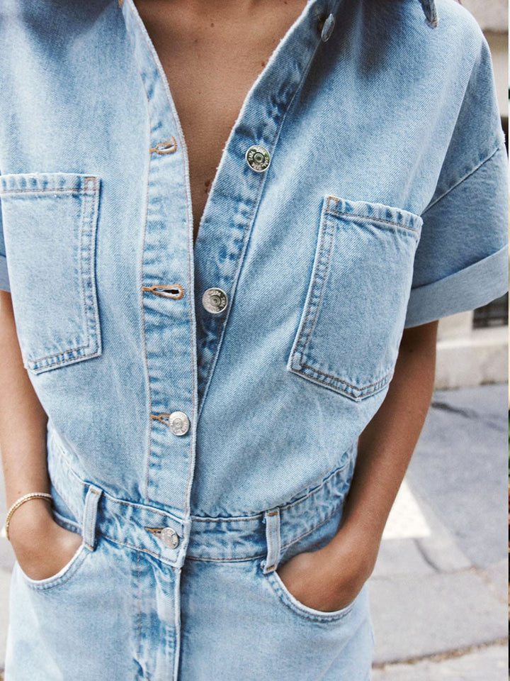 Mini Denim Manchet-Romper-Blå