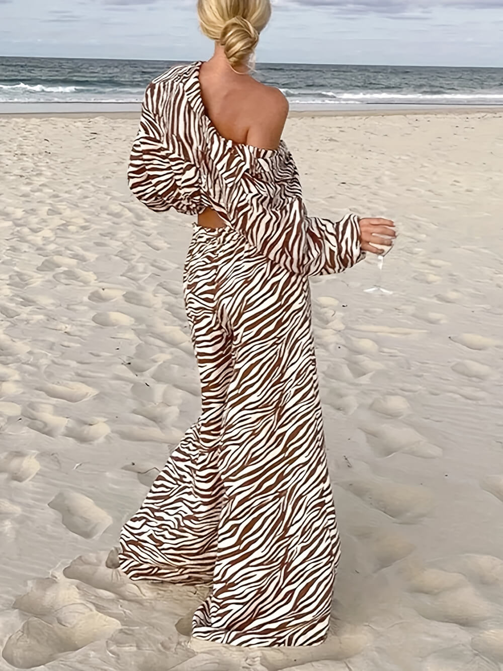 Button Open Collar Loose Zebra Print Drawstring Wide Leg Hosen-Set