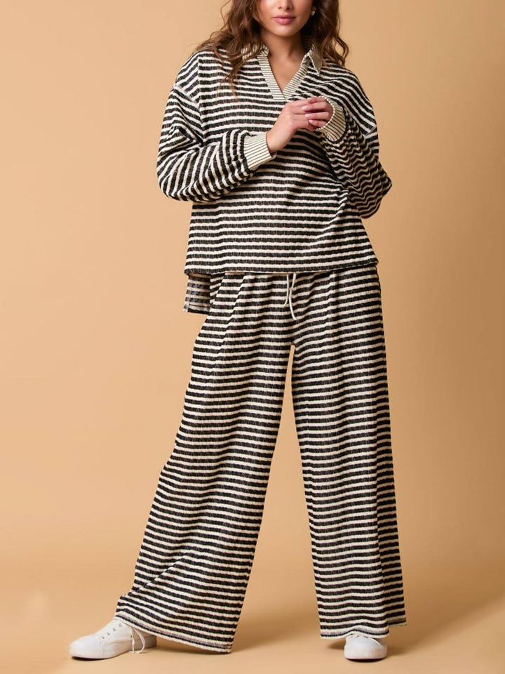 Casual Two-Color Striped Long-Sleeved Trousers Two-Piece Set