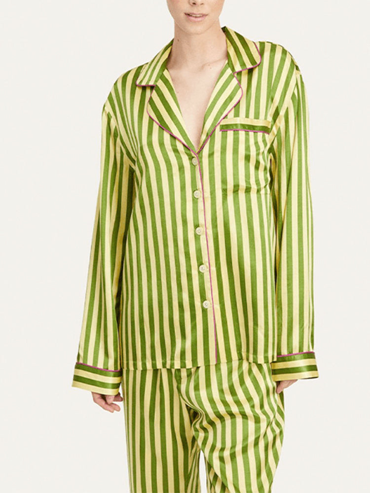 Vintage Green Striped Long Sleeve Pajama Set