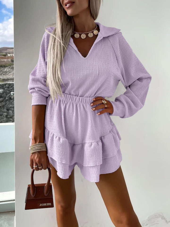 Conjunto de duas peças de camisa feminina com decote em V e skort largo