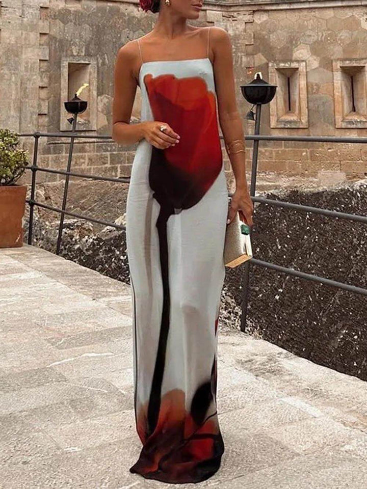 Rochie maxi tip H-Line cu imprimeu abstract de lalele Vacation