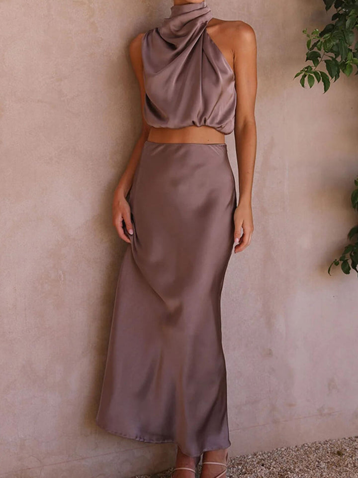 Satin Halter Crop Tank Top + Wrap Minihame