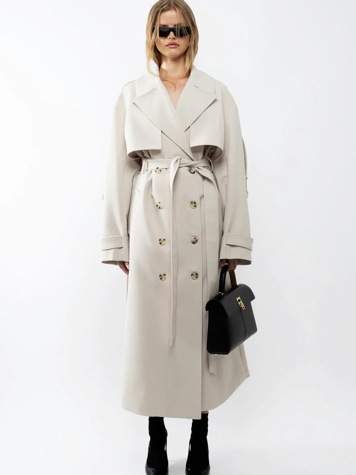 Classic Oversized Trench Coat with Pleated Detail in Light Beige