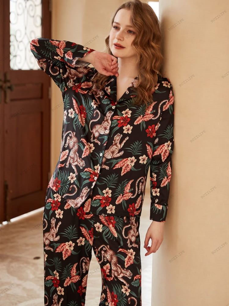 Jaguar and Floral Print Ice Silk Long-Sleeve Loungewear Set