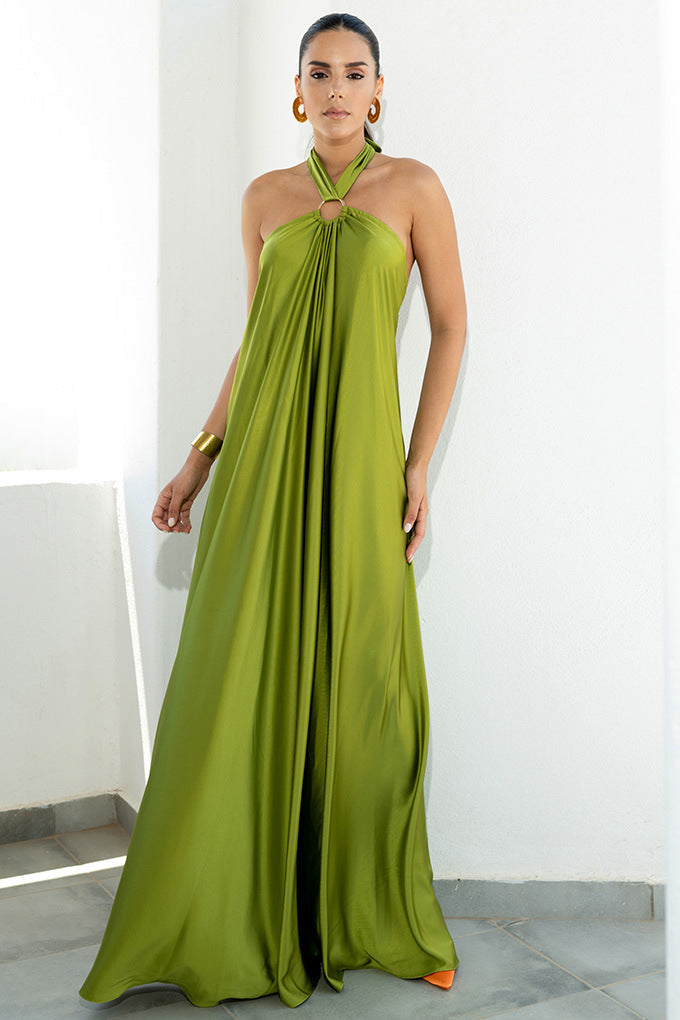 Satin Elegant Maxi laang Kleed: Backless Halter Neck