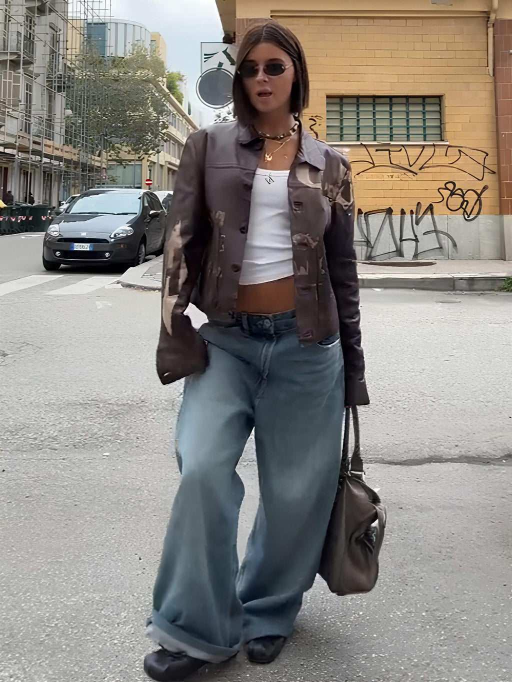 Vintage Print Washed Leather Jacket
– LikeMuse