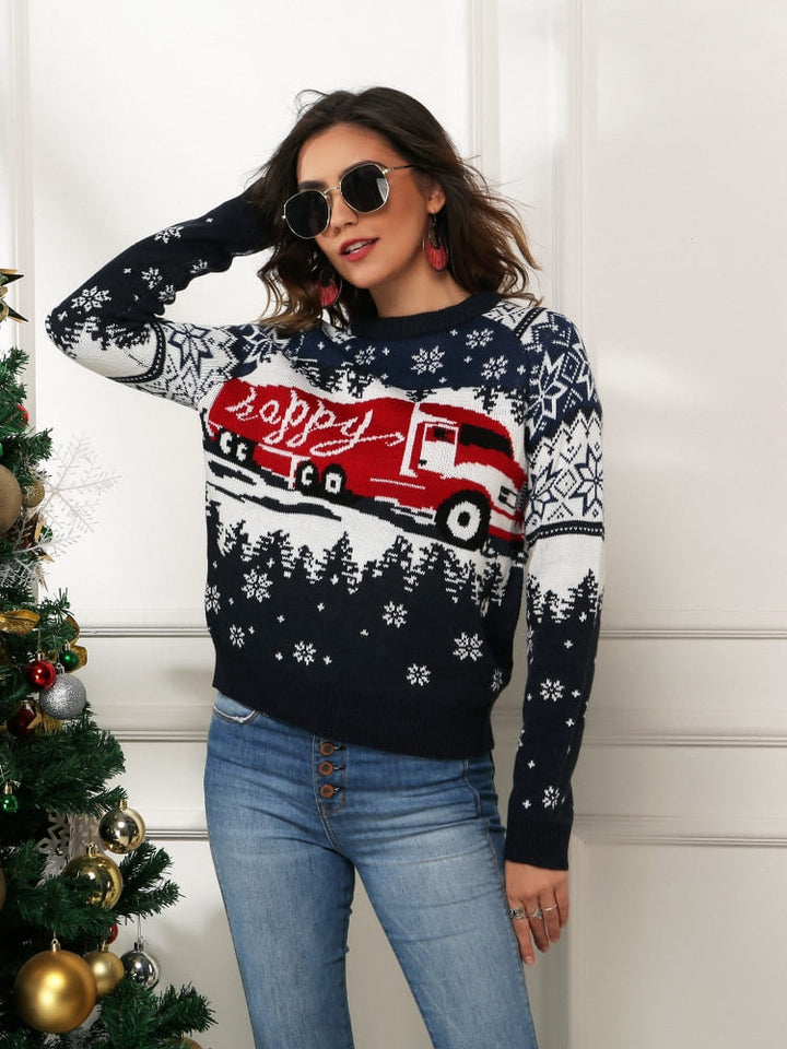 Snowflake and Truck Print Christmas Sweater