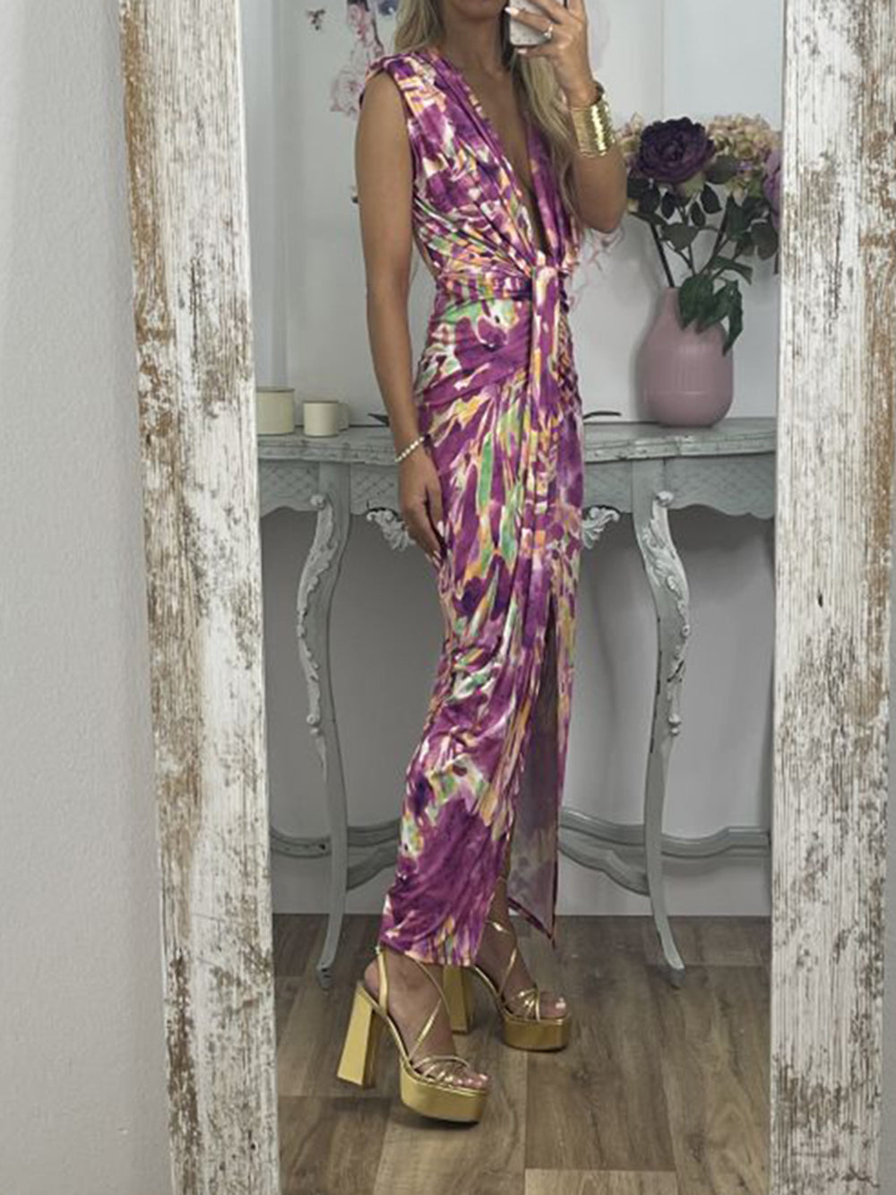 Tie-Dye Deep V Ruched Knotted Maxi Kleed