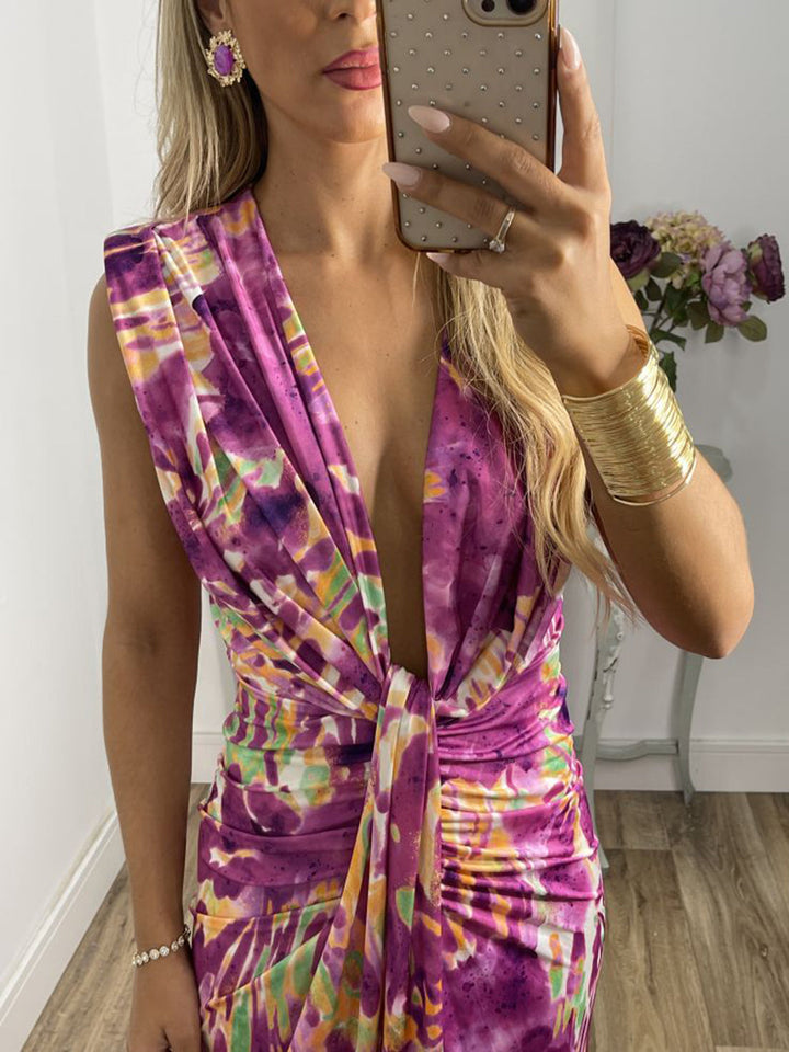 שמלת מקסי מסוקסת Tie-Dye Deep V Ruched