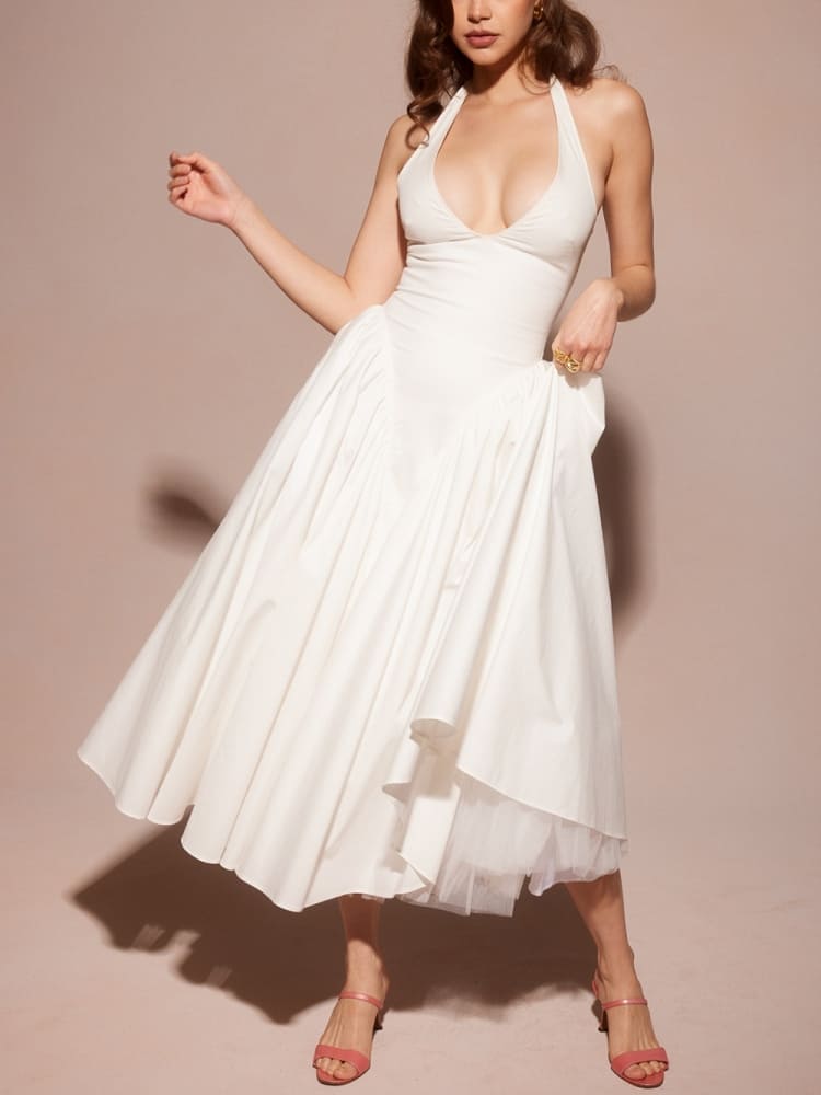 Witte katoenen halter midi-zonnejurk