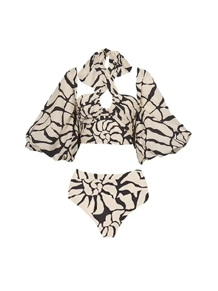 Halter Printed Swimsuit Set with Detachable Sleeves