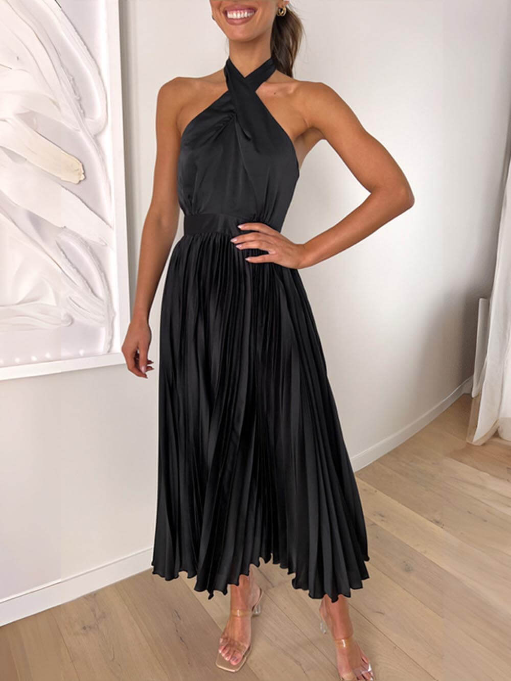 Neckline Pleated Vakanz Party Midi Kleeder