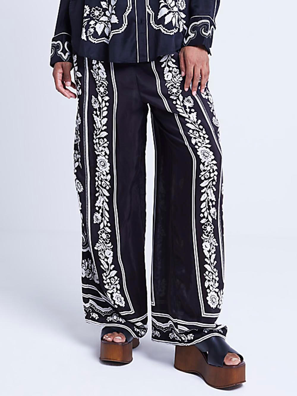 Unique Western Floral Print Elastic Pocket Wide Leg Pants