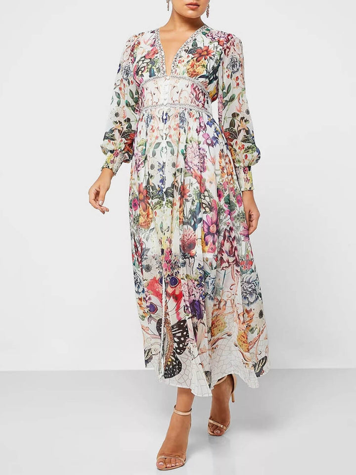 Botonisches, floral bedrucktes Chiffon-Maxikleid mit V-Ausschnitt