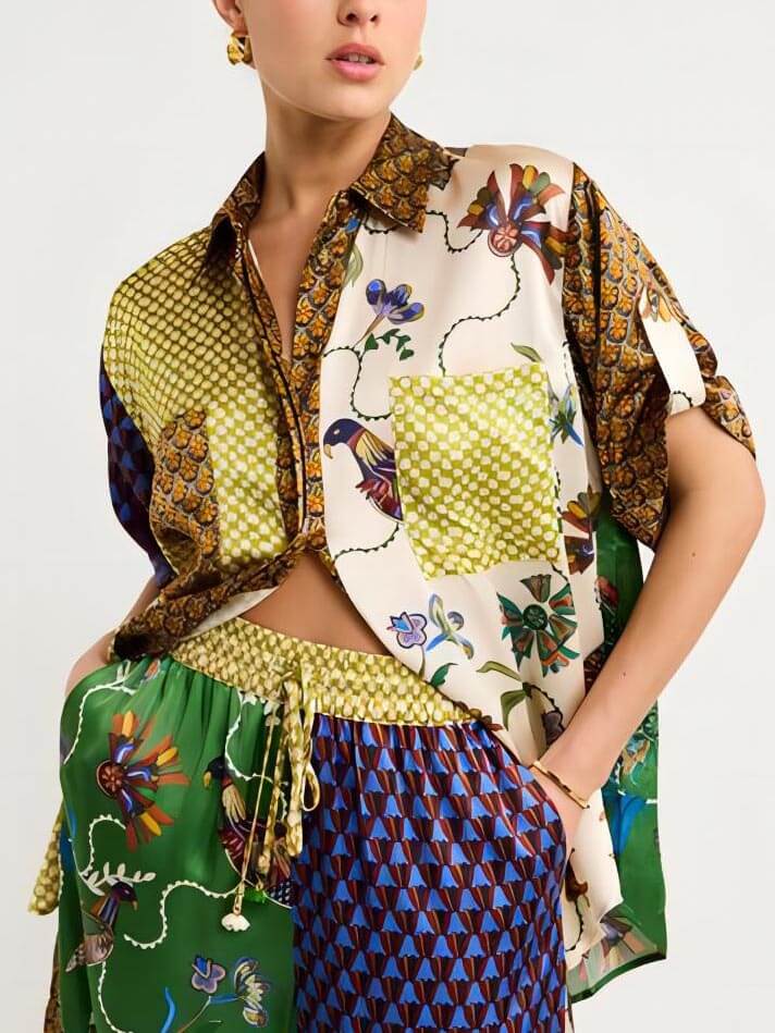 Special Folk Print loose Wide Leg Hosen-Set