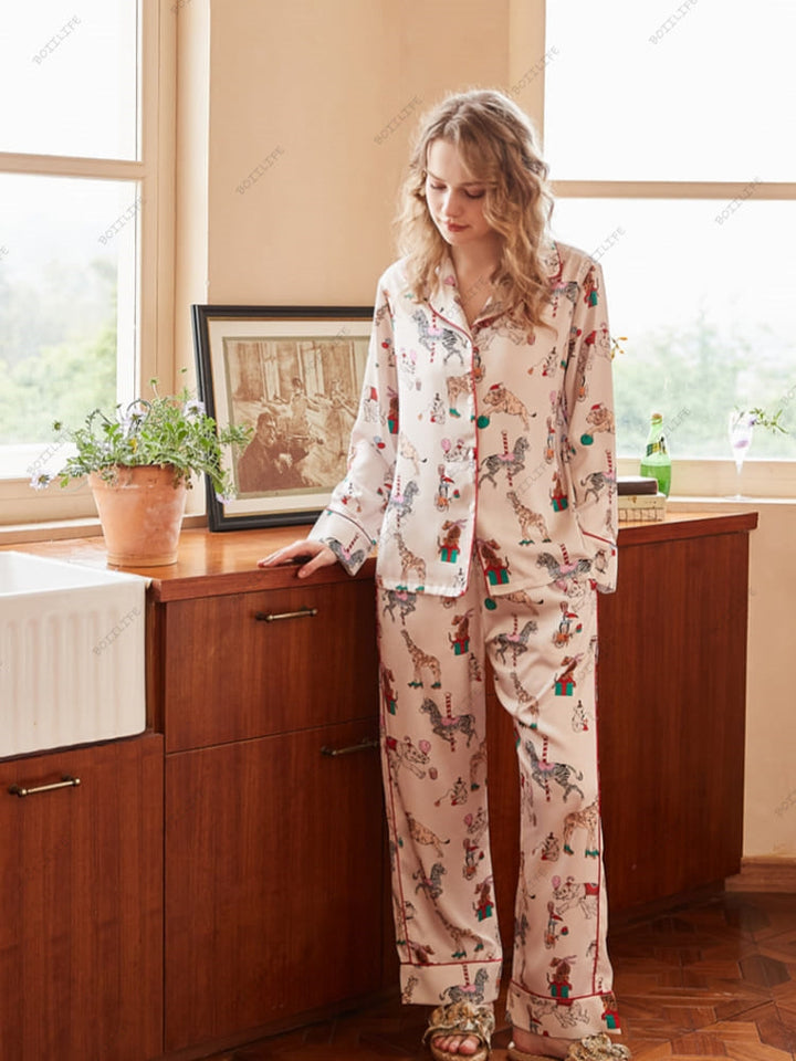 Circus Print Ice Silk Long-Sleeve Loungewear Set