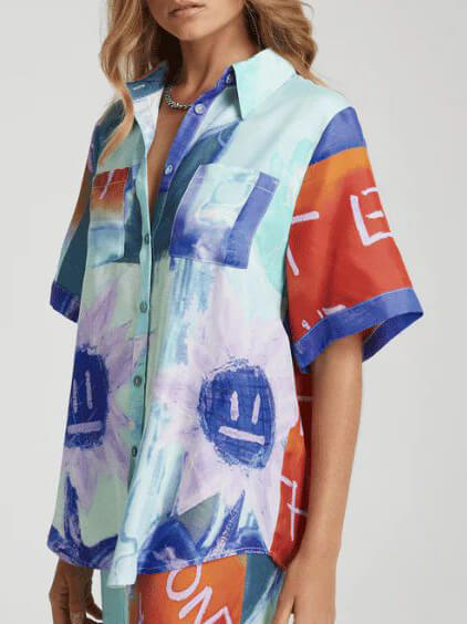 Eenzegaarteg Tënt floral Print Short-sleeved loose Shirt