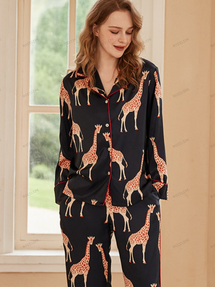 Giraffe Long-Sleeve Ice Silk Loungewear Set - Black