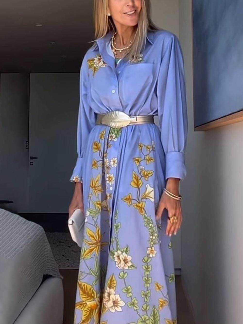 Unique Floral Print Long Sleeve Pocket A-line Shirt Maxi Dress