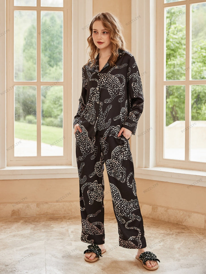 Black Jaguar Print Silk Ice Long-Sleeve Pajama Set