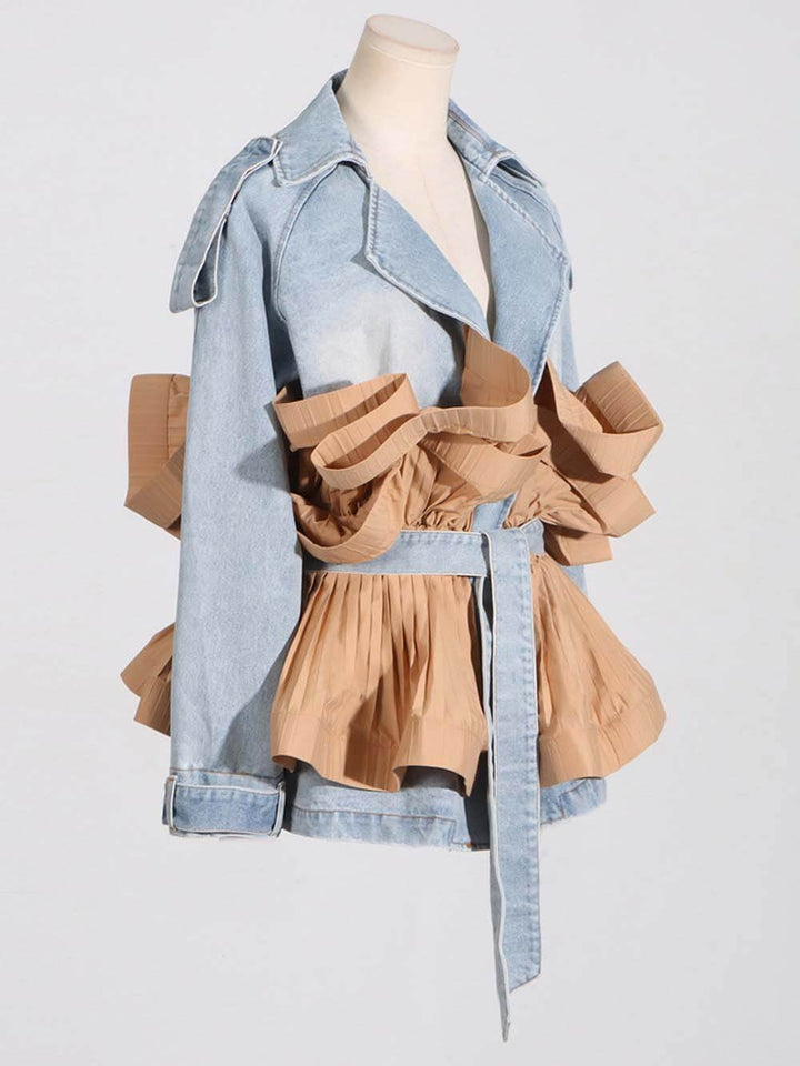 Trendy Contrast Color Ruffled Pleated Lace-Up Denim Jacket