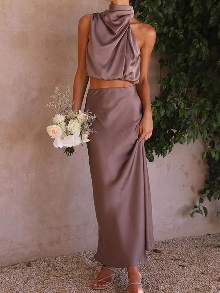 Satin Halter Crop Tank Top + Wrap Minihame