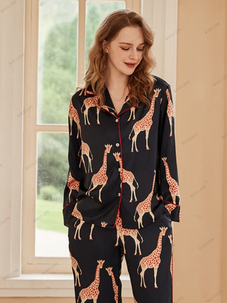 Black Giraffe Print Ice Silk Long-Sleeve Pajama Set