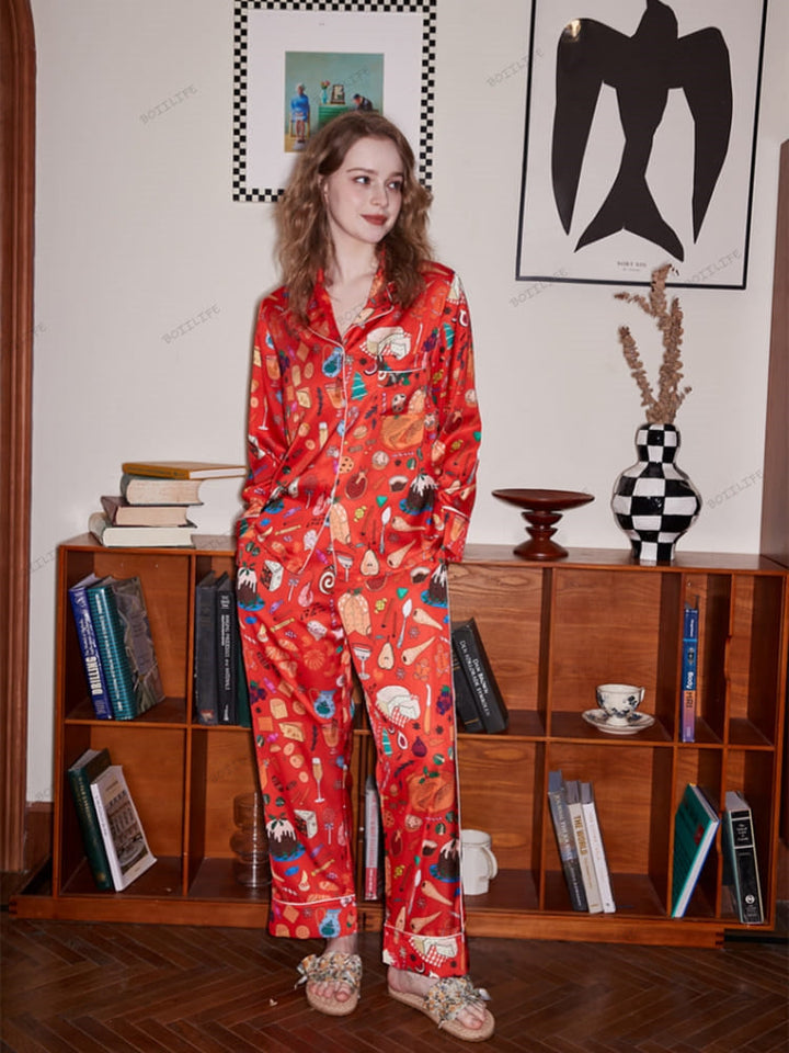 Dessert Print Long Sleeve Ice Silk Loungewear Set