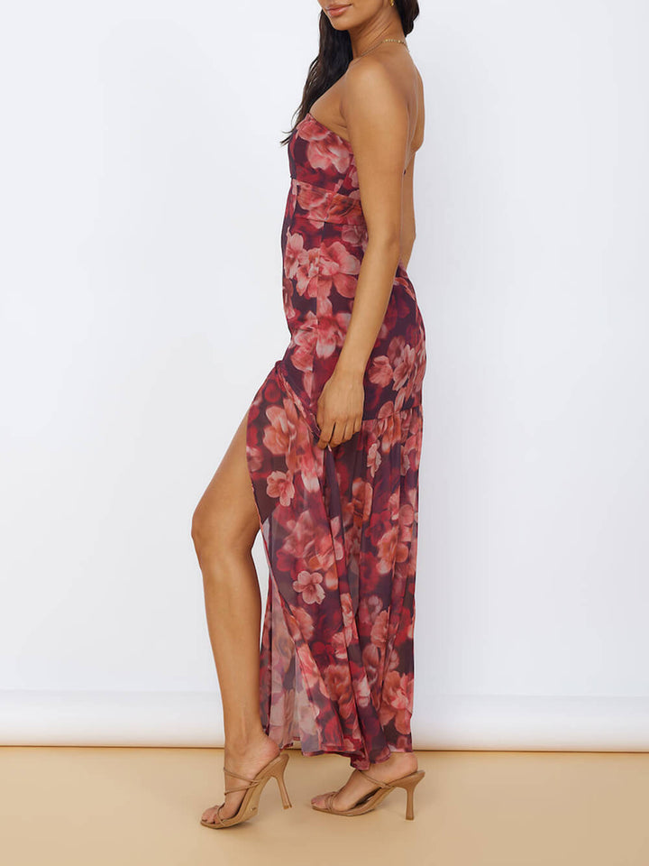 Blummen Bandeau Slit Maxi Kleed