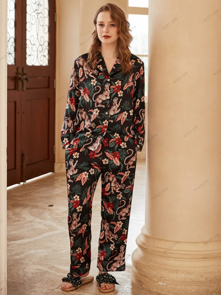 Jaguar and Floral Print Ice Silk Long-Sleeve Loungewear Set