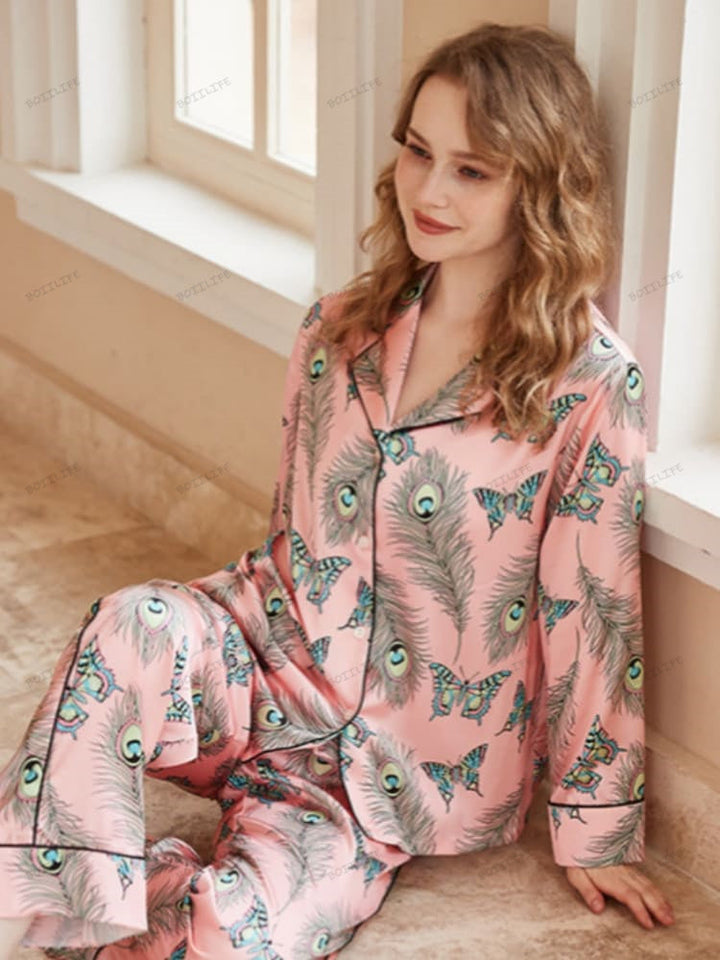 Phoenix Feather and Butterfly Print Long-Sleeve Pajama Set