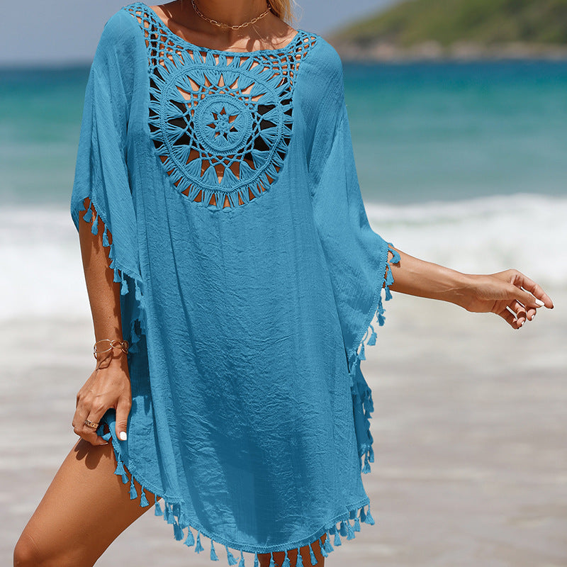 Hand Crochet loose Fringe Sunflower Beach Blouse Cover Up