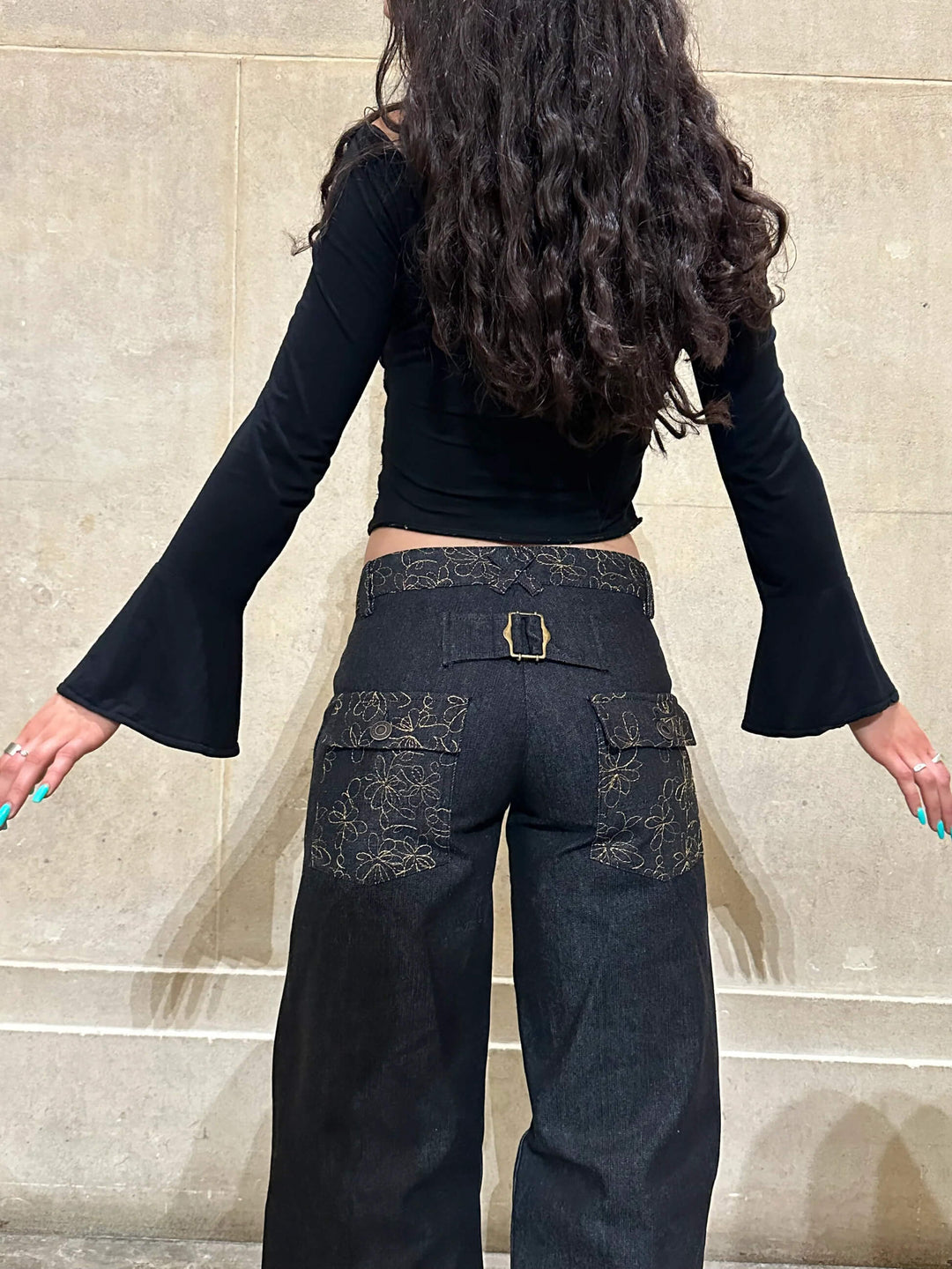 The Slouch In Embroidered Charcoal Denim Jeans