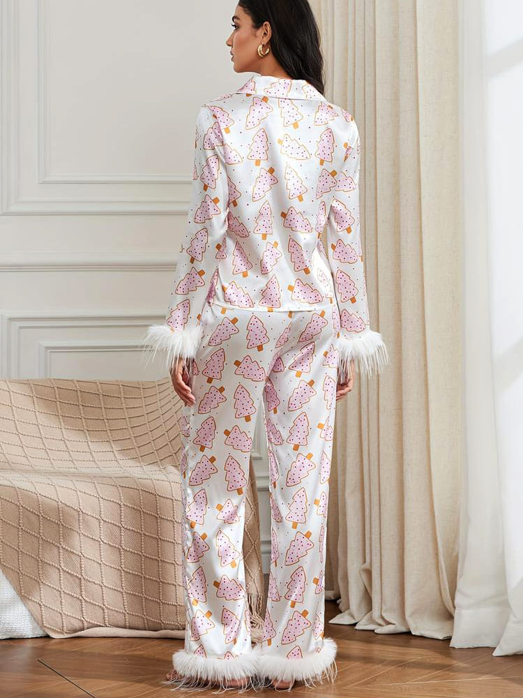 Weihnachtsbaum-Print Satin-Pyjama-Set