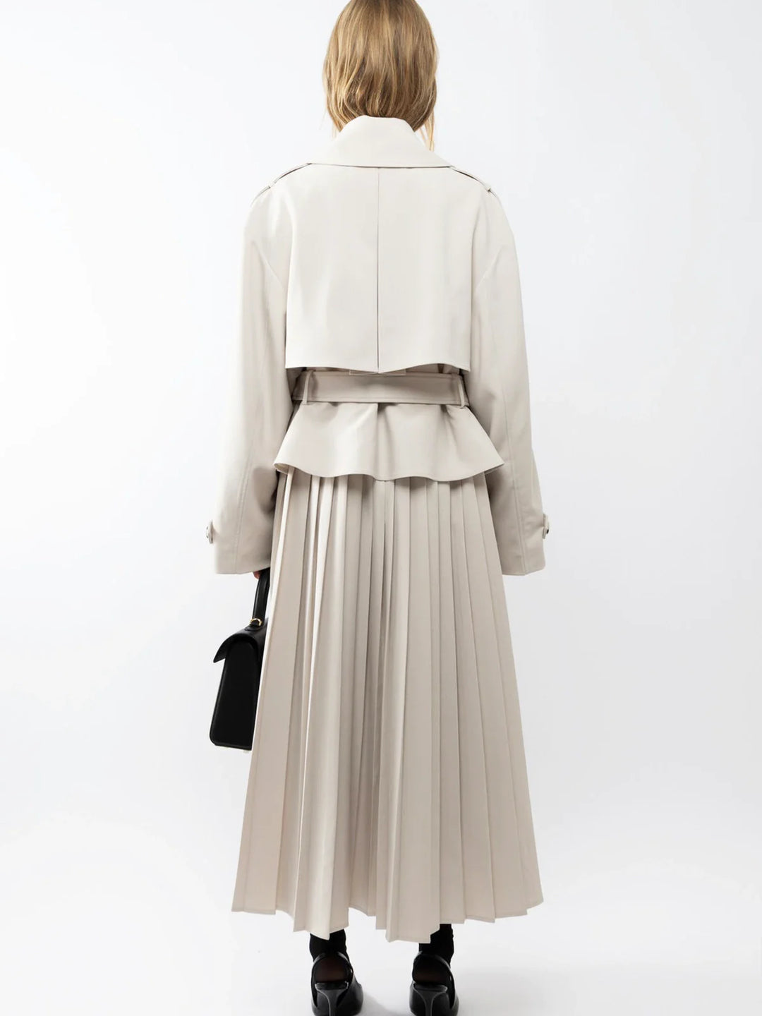 Classic Oversized Trench Coat with Pleated Detail in Light Beige