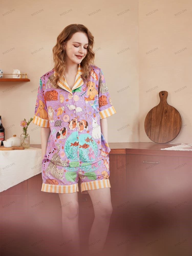 Guinea Pig and Fish Print Ice Silk Short-Sleeve Loungewear Set