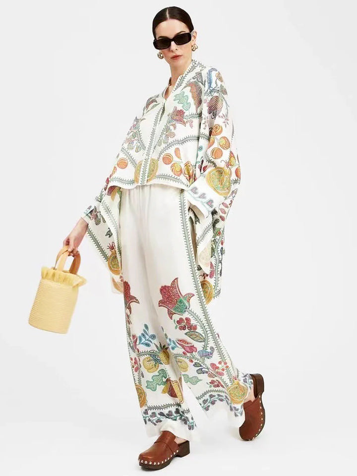 Fine Satin Floral Print Batwing Sleeve Pants Set - White