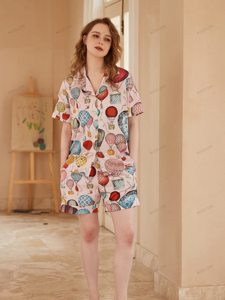 Hot Air Balloon Print Ice Silk Open-Front Short-Sleeve Pajama Set