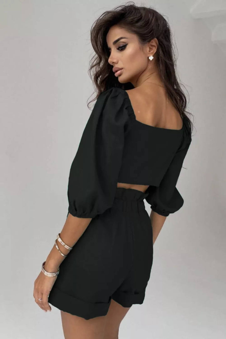 Lin Wrap Front Tie Puff Sleeve Shorts sett