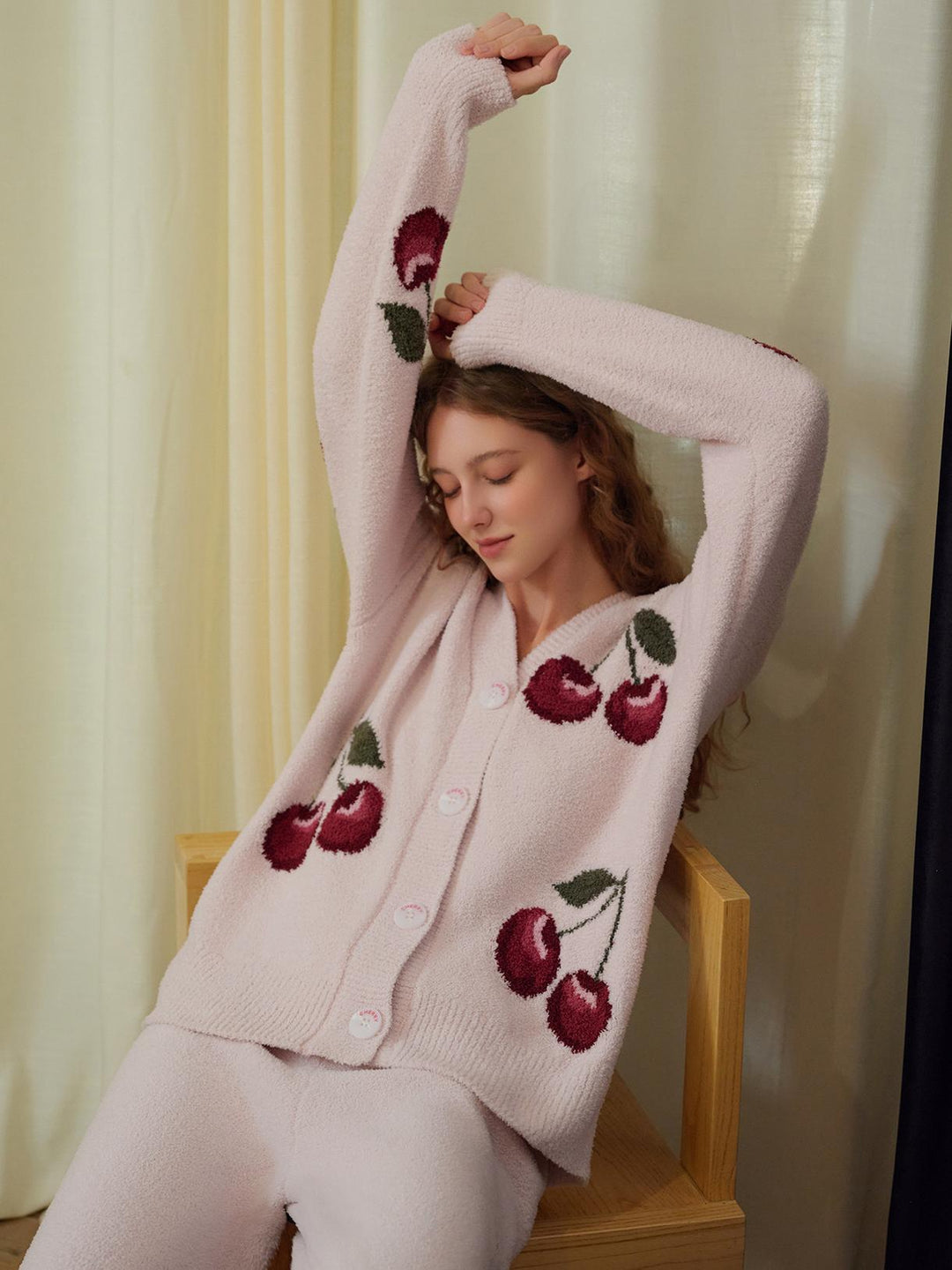 Soft Half Velvet Cherry Cardigan Pajama Set