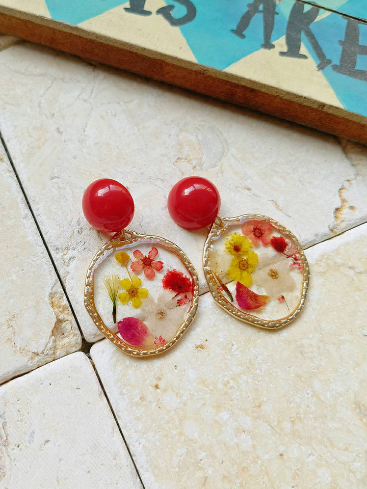 Resin Pressed Flower Earrings - Red Garden Party