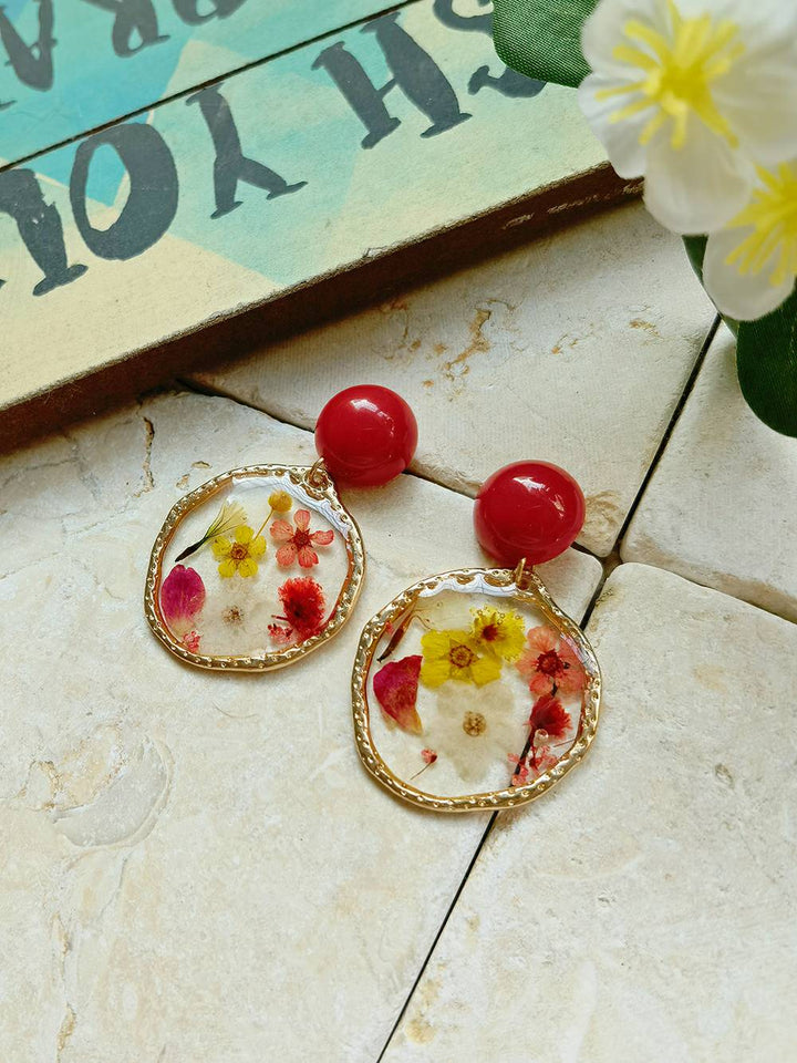 Pendientes de flores prensadas de resina - Red Garden Party