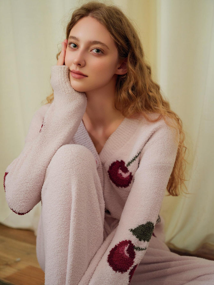 Soft Half Velvet Cherry Cardigan Pajama Set