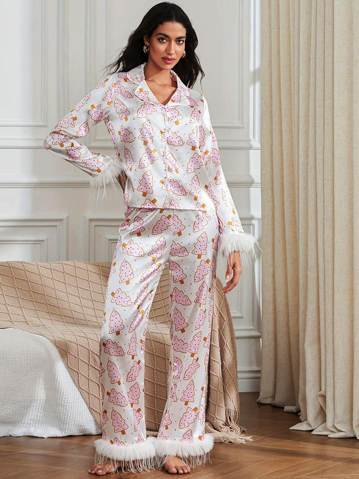 Weihnachtsbaum-Print Satin-Pyjama-Set