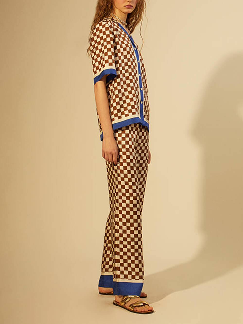 Ensemble pantalon élastique ample à imprimé damier Unique, rayures bleues, épissage