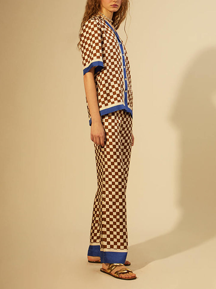 Ensemble pantalon élastique ample à imprimé damier Unique, rayures bleues, épissage