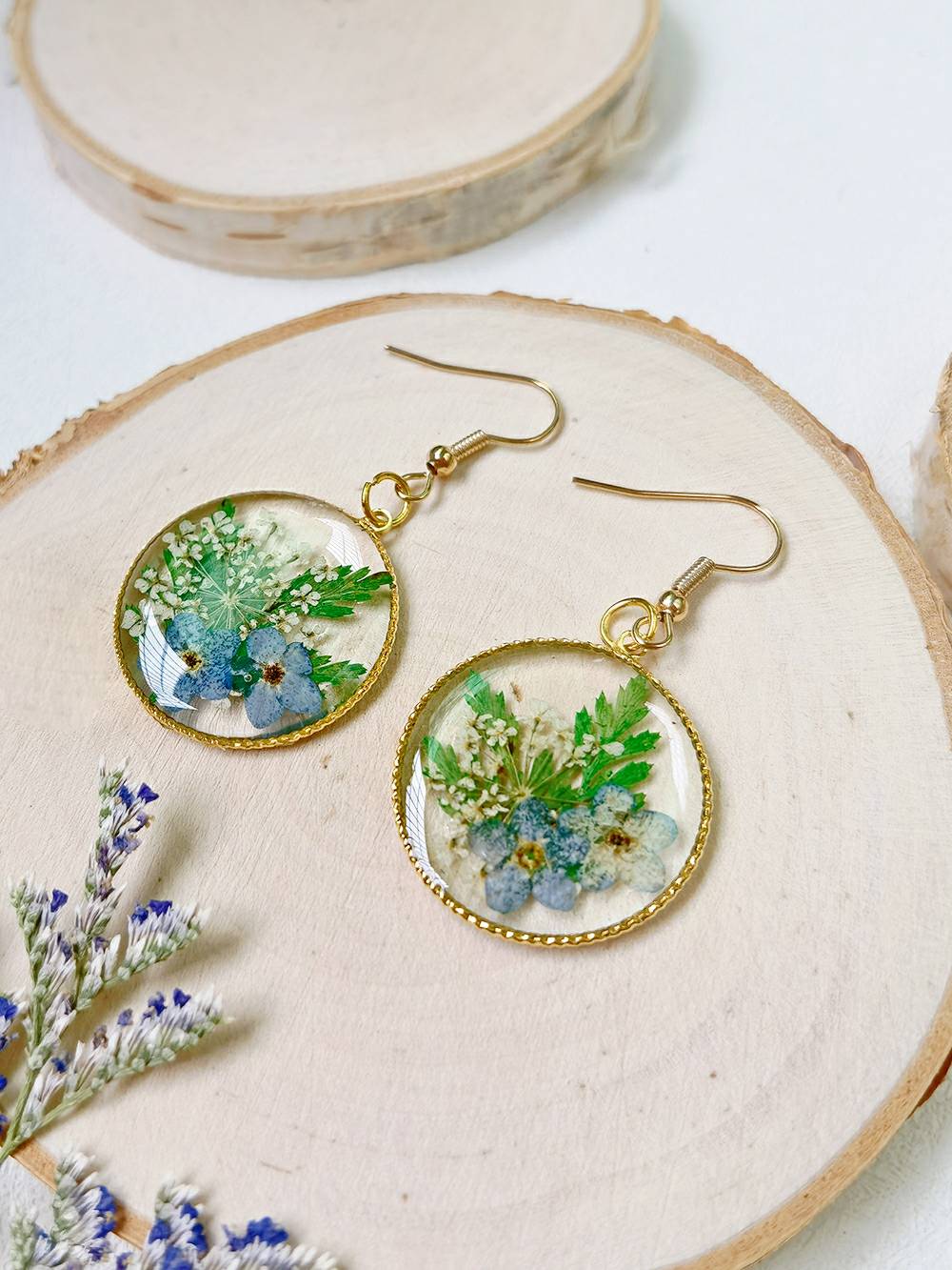 Resin Pressed Flower Earrings - Forest Forget Me Not