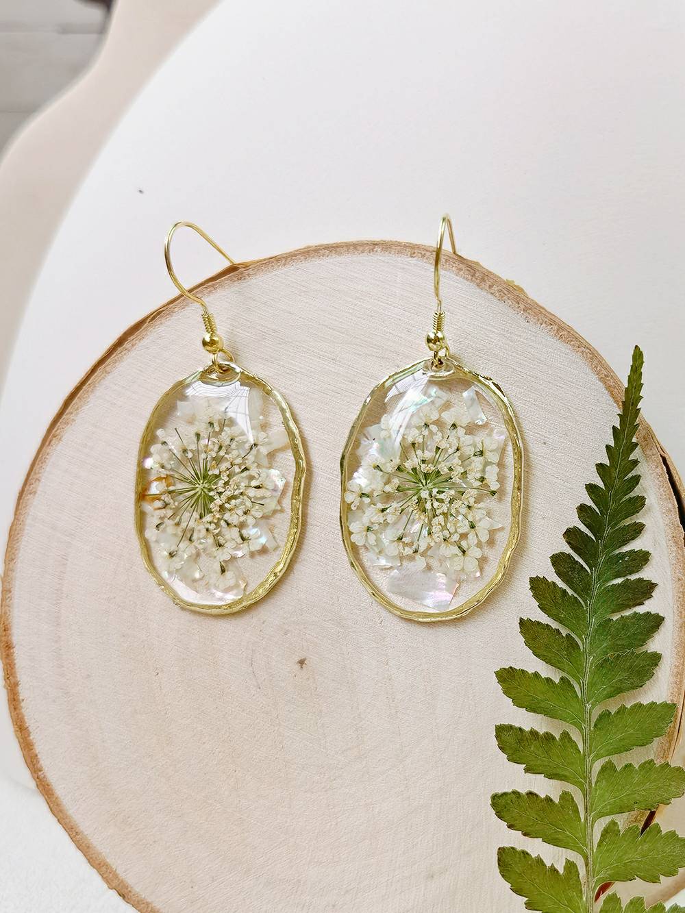 Resin Pressed Flower Earrings - Gold Shell Queen Anne's Lace