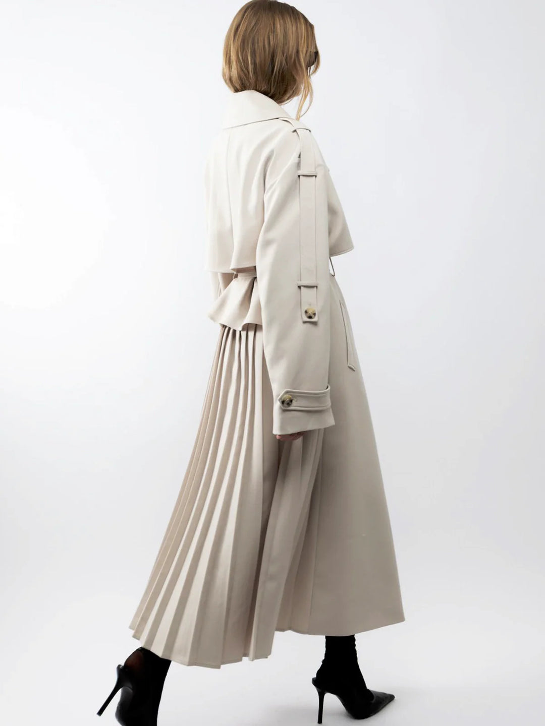 Classic Oversized Trench Coat with Pleated Detail in Light Beige